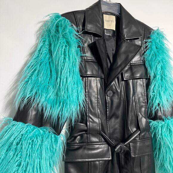 Orttu Freddie Jacket Military Style Faux Fur Black Vegan Faux Leather Aqua Belt - Picture 3 of 14